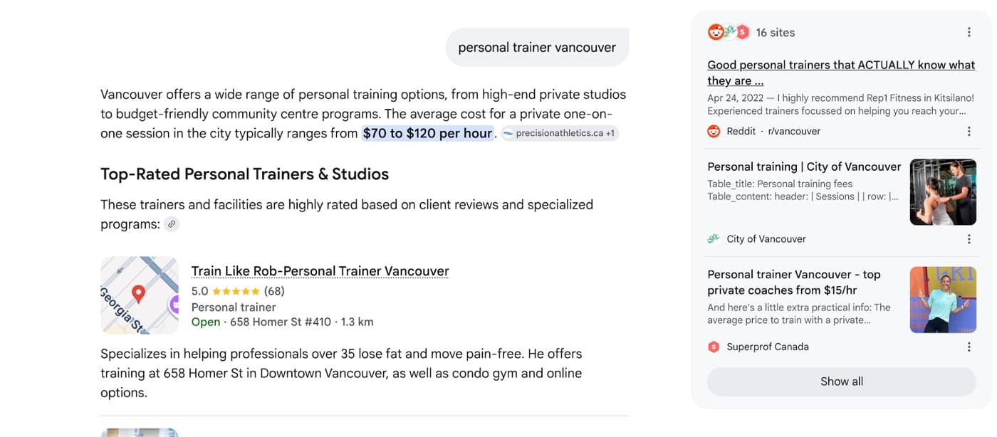 AI search overview recommending the business for personal trainer Vancouver