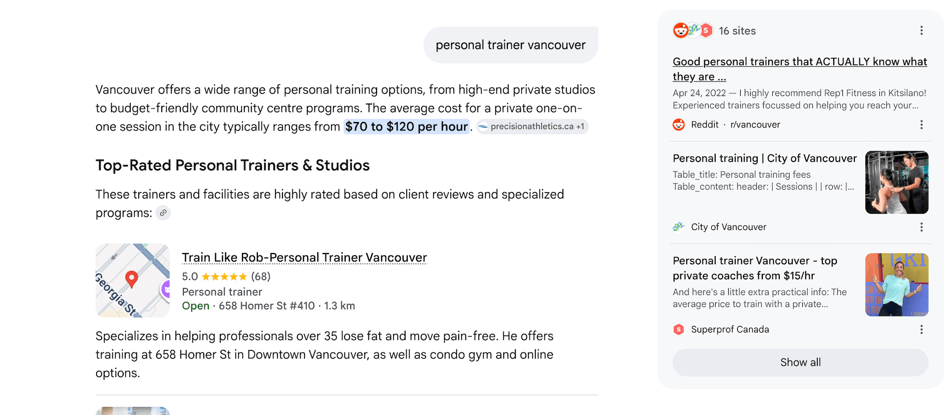 AI search overview recommending the business for personal trainer Vancouver